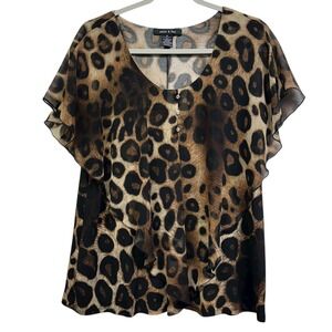 Adele & May Shirt‎ Womens XL Brown Leopard Print Sheer Flutter Sleeve Henley